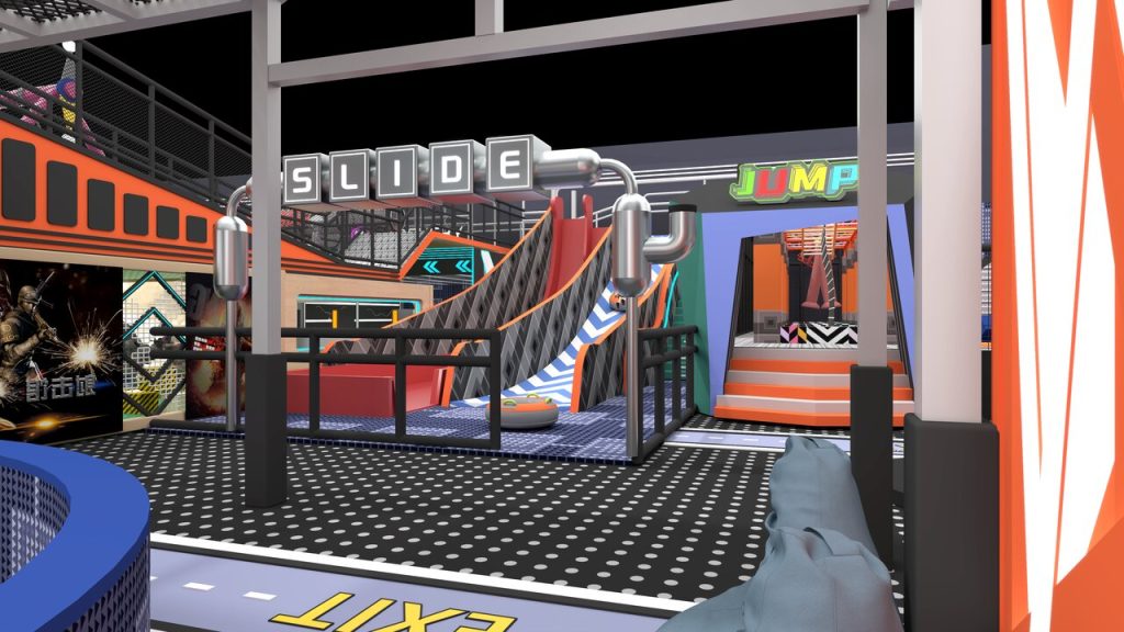 SLIDE area with JUMP trampoline zone and shooting gallery