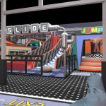 SLIDE area with JUMP trampoline zone and shooting gallery