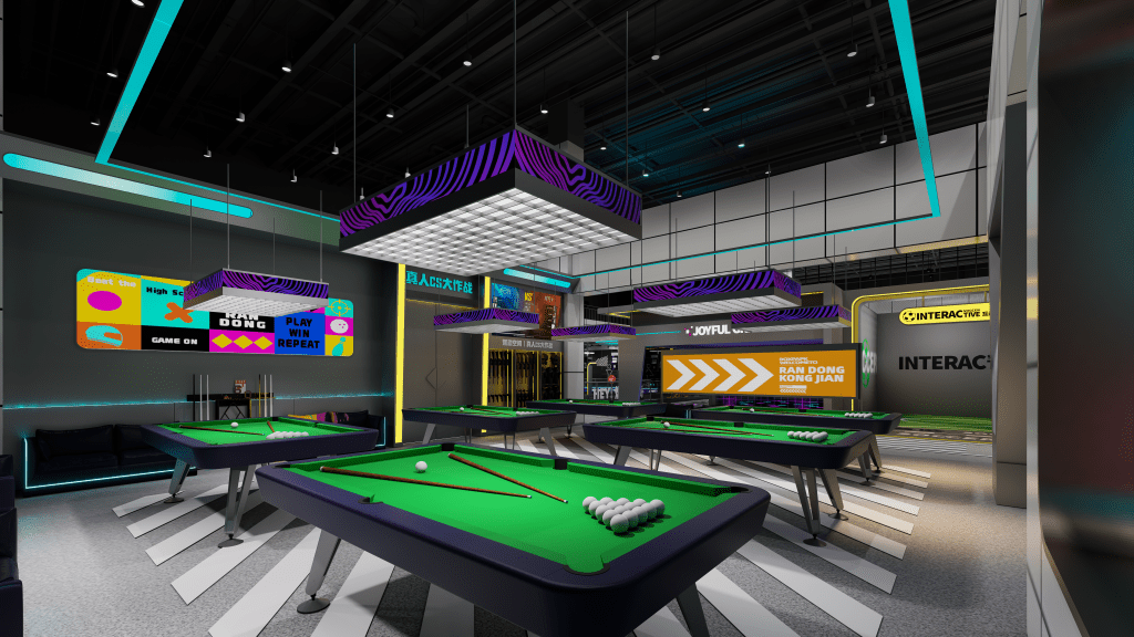 Billiards area with multiple pool tables and LED lighting - GO2AMUSE