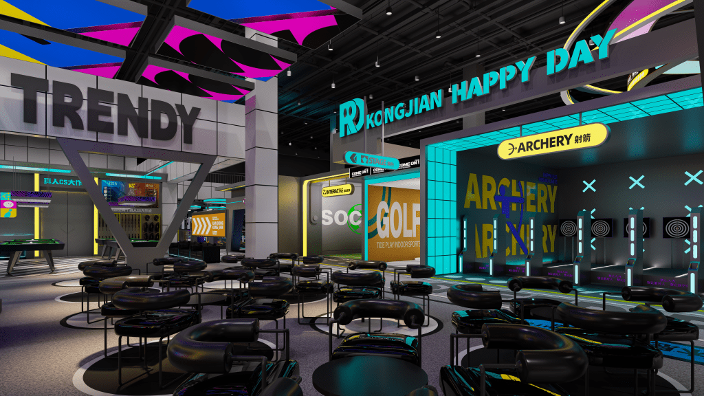 Comprehensive entertainment zone with archery, golf and seating areas - GO2AMUSE