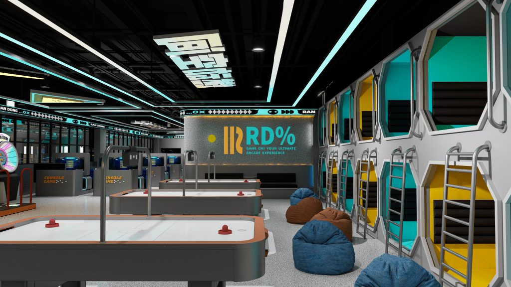 Arcade game zone with air hockey tables and capsule resting pods - GO2AMUSE