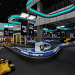 Indoor go-kart racing track with yellow karts and blue neon lighting - GO2AMUSE