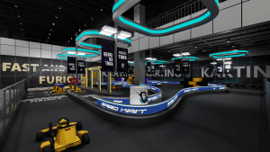 Indoor go-kart racing track with yellow karts and blue neon lighting - GO2AMUSE
