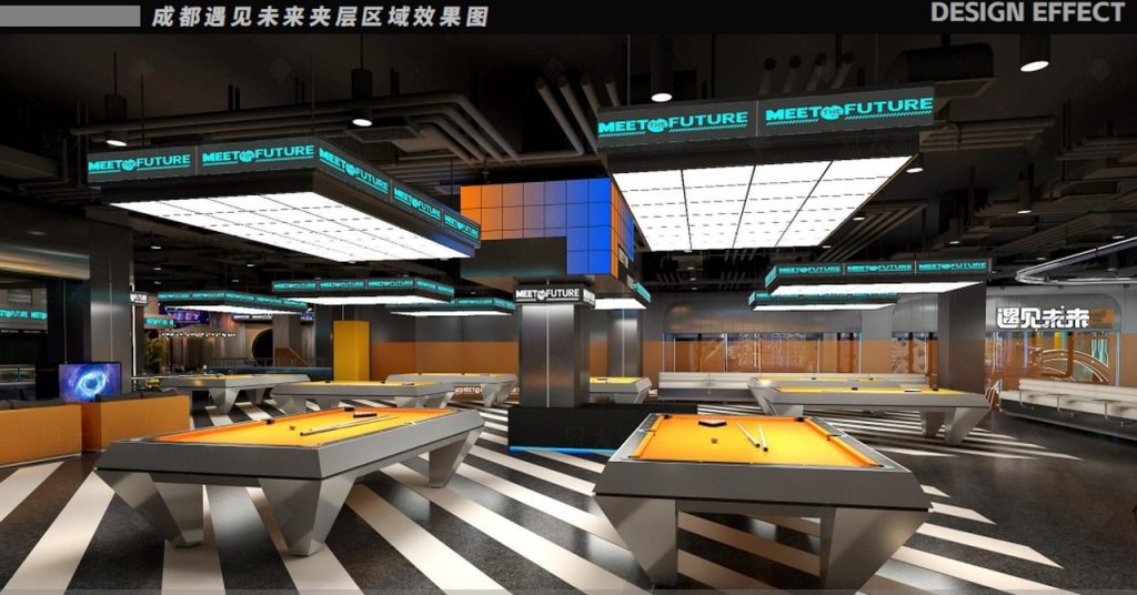 Billiards area with multiple pool tables and LED ambiance lighting