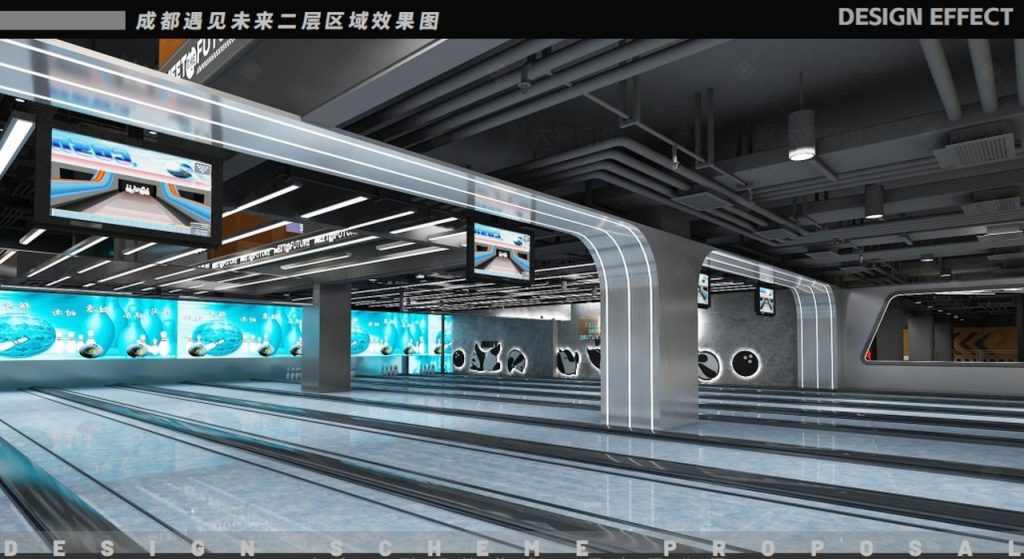 Professional bowling lanes with modern lane lighting in sports complex