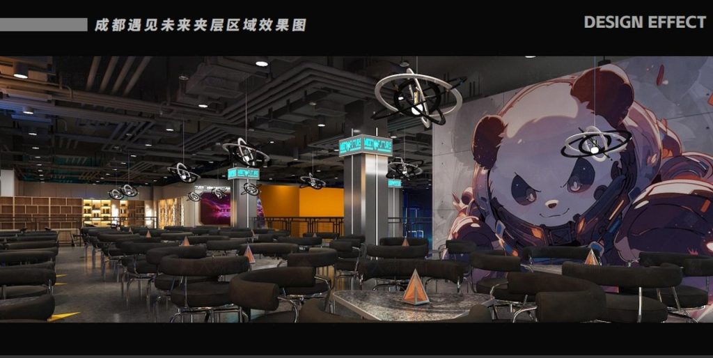 Sports park dining area with panda-themed wall art and neon lighting design - GO2AMUSE