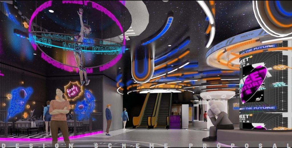 Grand entrance lobby with industrial design aesthetic and racing theme