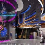 Grand entrance lobby with industrial design aesthetic and racing theme