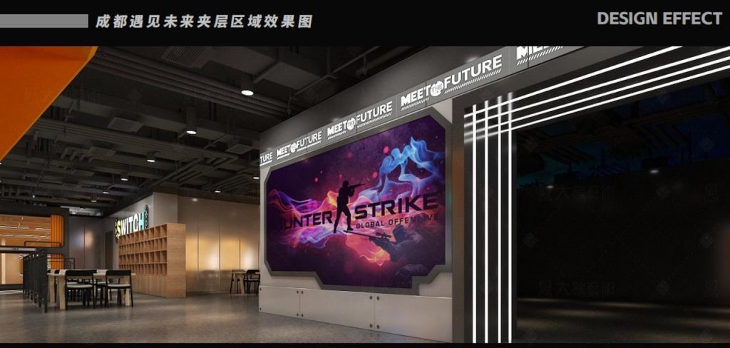 Esports gaming zone with racing simulators and arcade machines in sports park