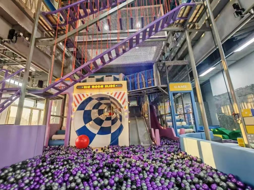660sqm purple indoor playground big horn slide and ball pit - GO2AMUSE